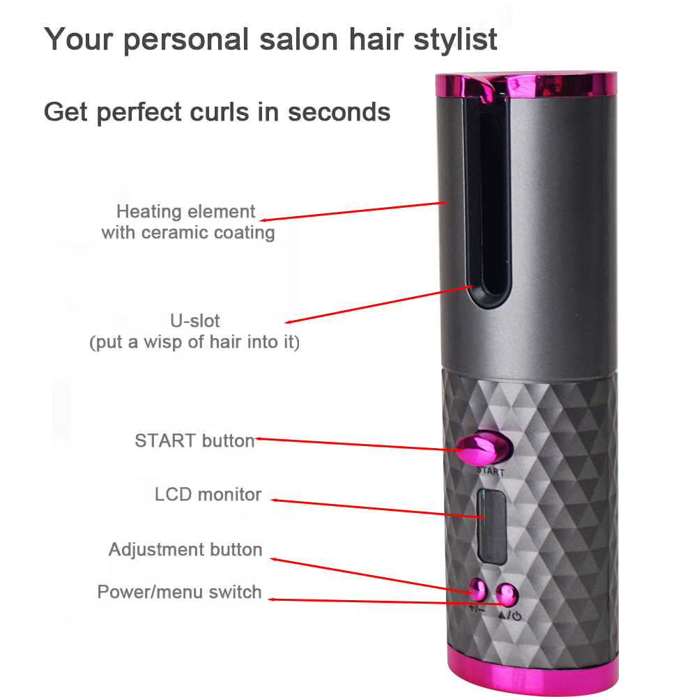 Electric Mini Spiral Wavy Curls Cordless Rechargeable Automatic Ceramic PTC LCD Rotating Portable Wireless Hair Curler Curling