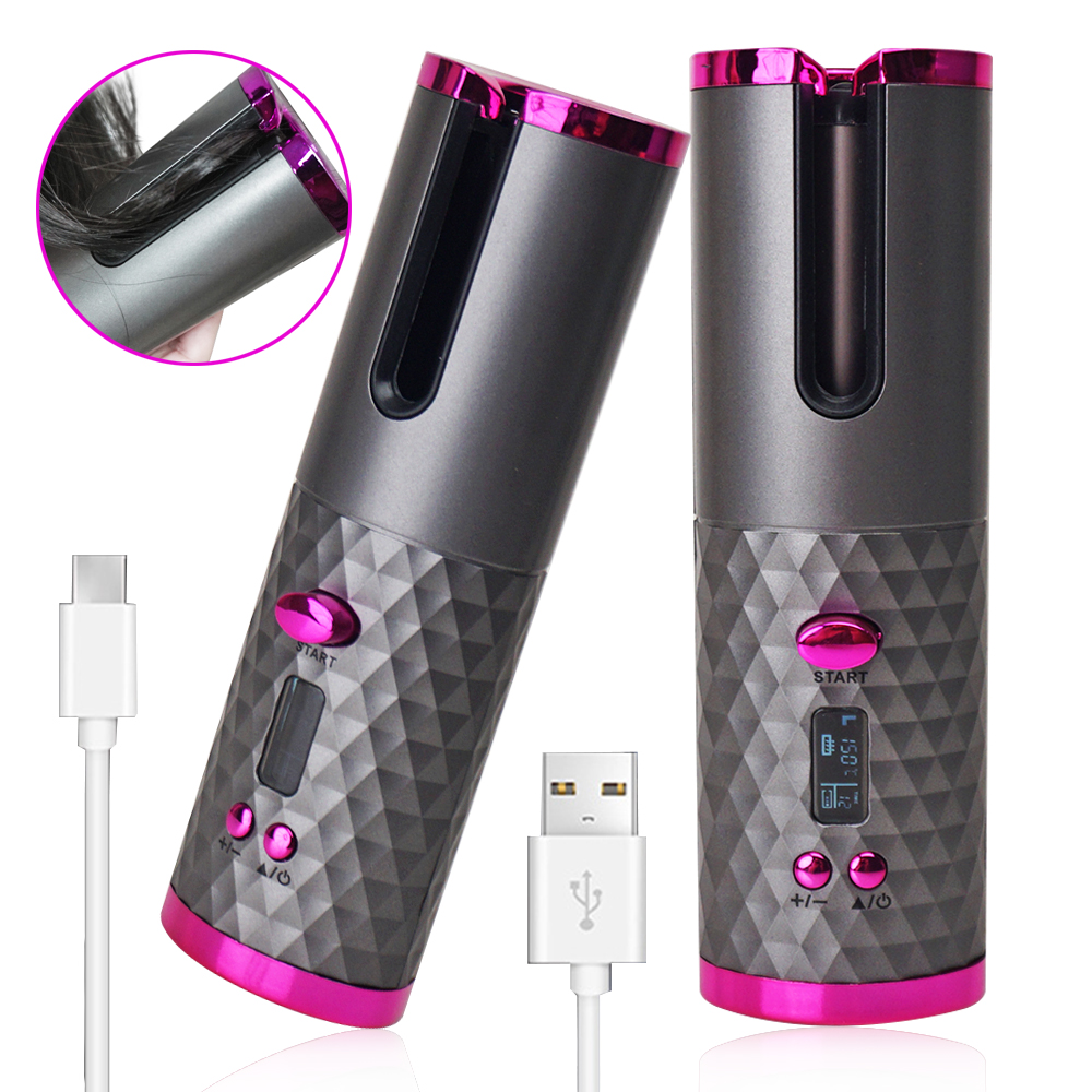 Electric Mini Spiral Wavy Curls Cordless Rechargeable Automatic Ceramic PTC LCD Rotating Portable Wireless Hair Curler Curling