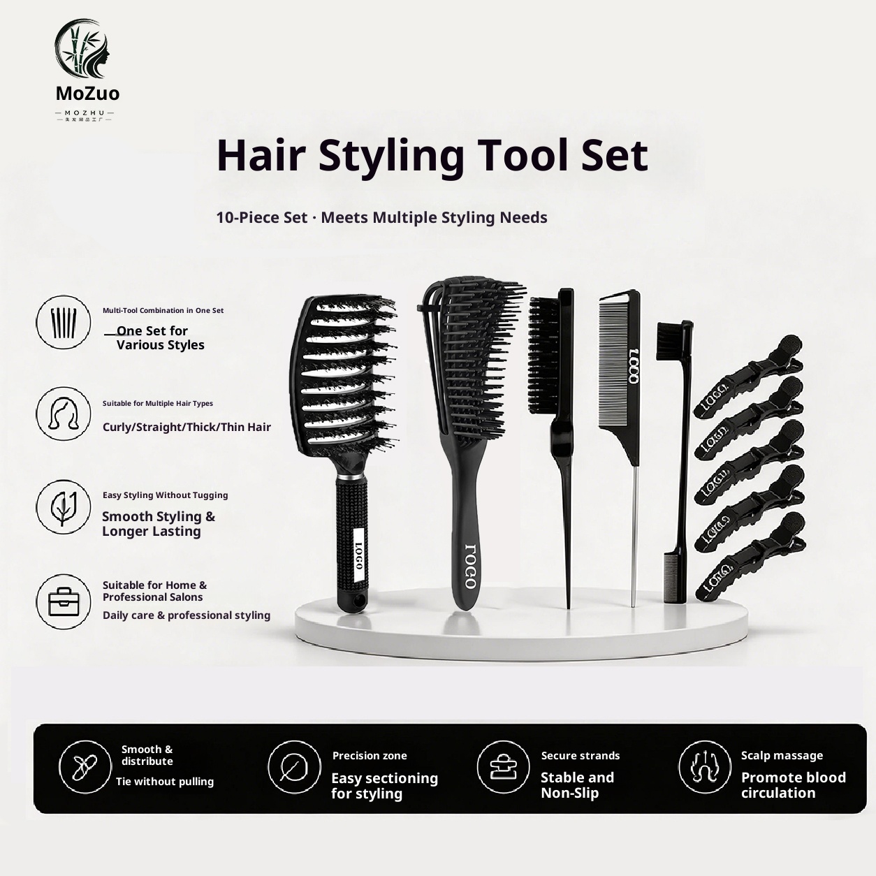 10pcs Custom Logo Comfortable Fashion Plastic Handle Hair Brush &amp; Comb Set Professional Salon &amp; Home Use Styling Set