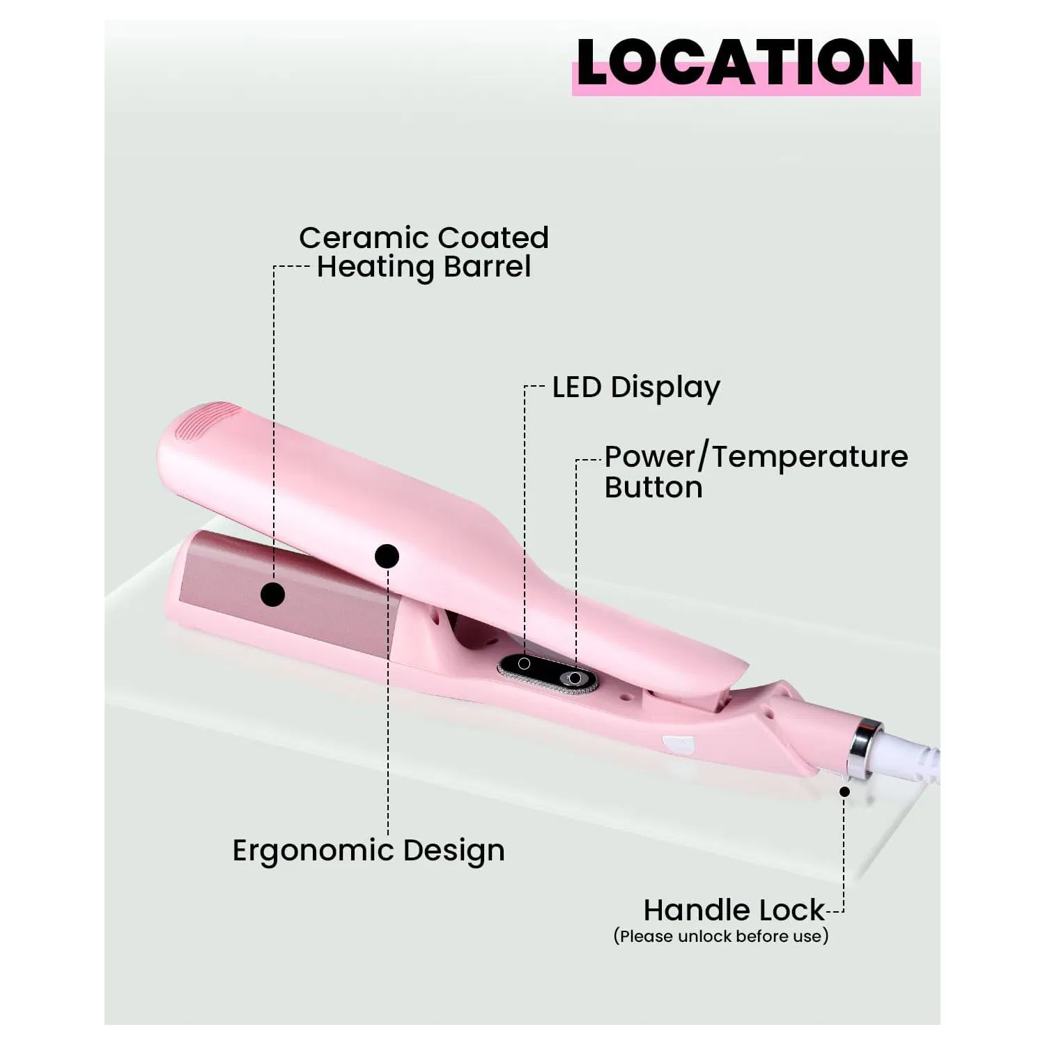 Electric Portable Ceramic Pink 1/4 Inch Hair Waver Iron Wand Crimper
