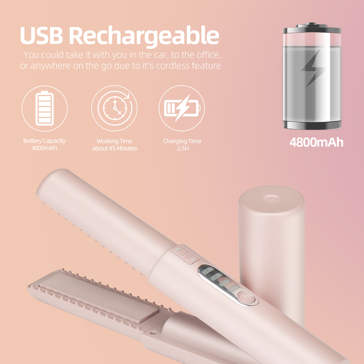 Professional-Grade Ceramic Weave Rechargeable USB Ladies Portable Bling 2-in-1 Wireless Hair Straightener &amp; Curler