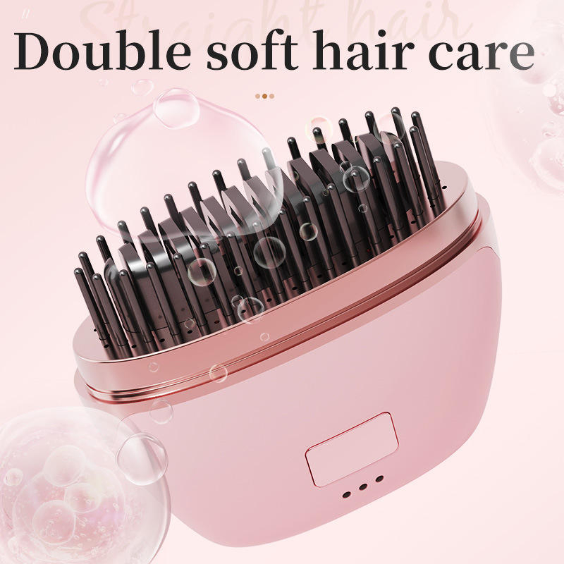 Mini Rechargeable Hair Straightener Wireless Portable Travel Lazy Hair Brush Negative Ion 2-in-1 Straightening Curling Iron