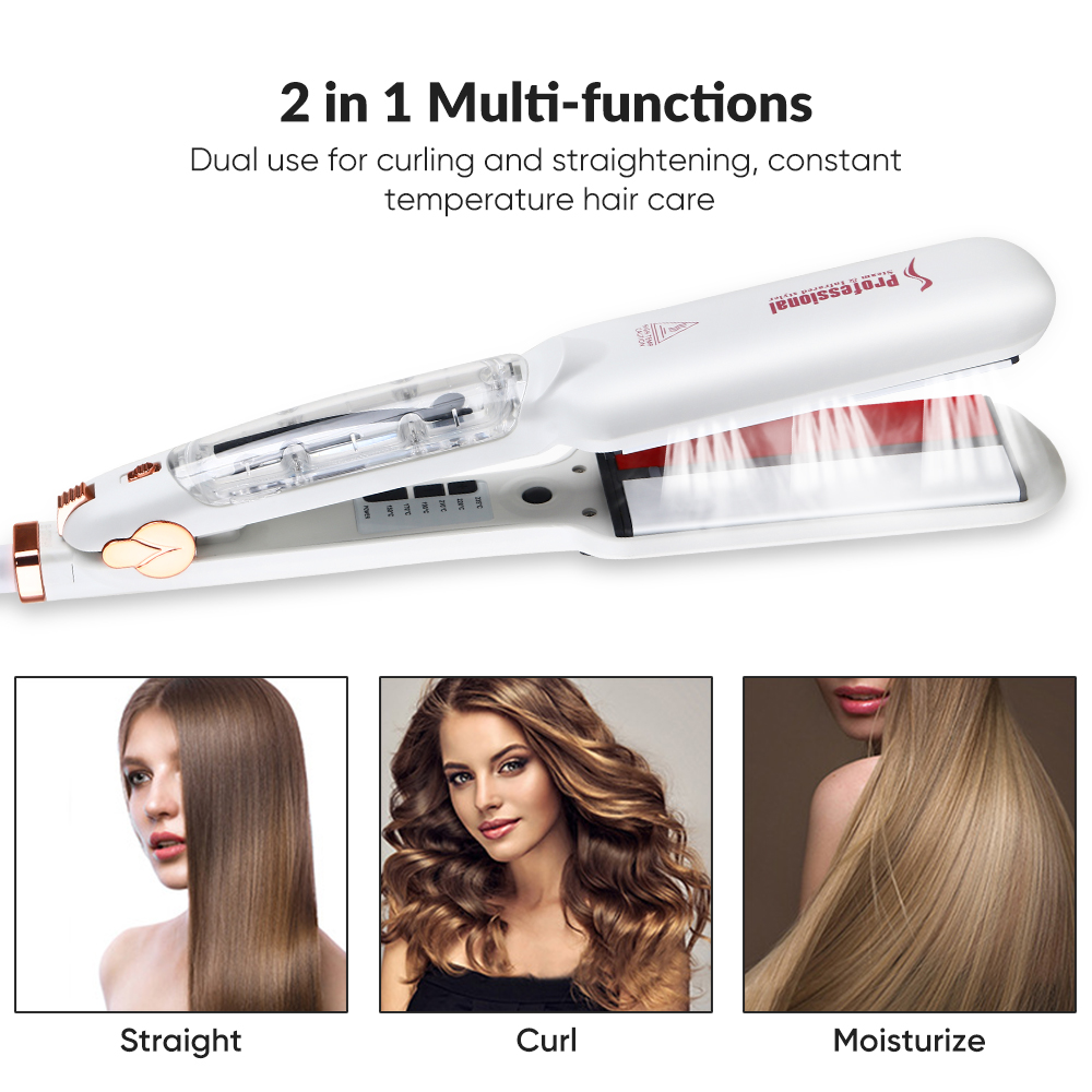 2 in 1 LED Steam Hair Straightener Curler Dual Voltage Electric Luxury Portable with Tourmaline Plates Overheating Protection
