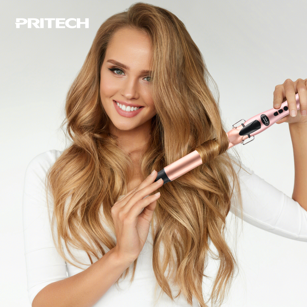 Pritech Professional Hair Curler with LED Display Tourmaline &amp; PTC Heater Fast-Heating Rotating Temp Control Hair Curling Iron