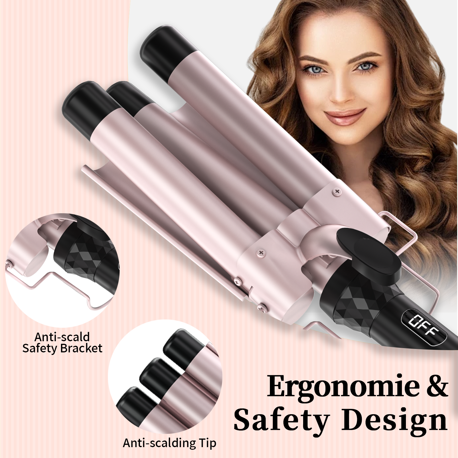 Wholesale Custom Rose Gold 3 Barrel Hair Curler Ceramic Deep Rotating Curling Waver Crimp Iron LCD Display PTC Heated Household