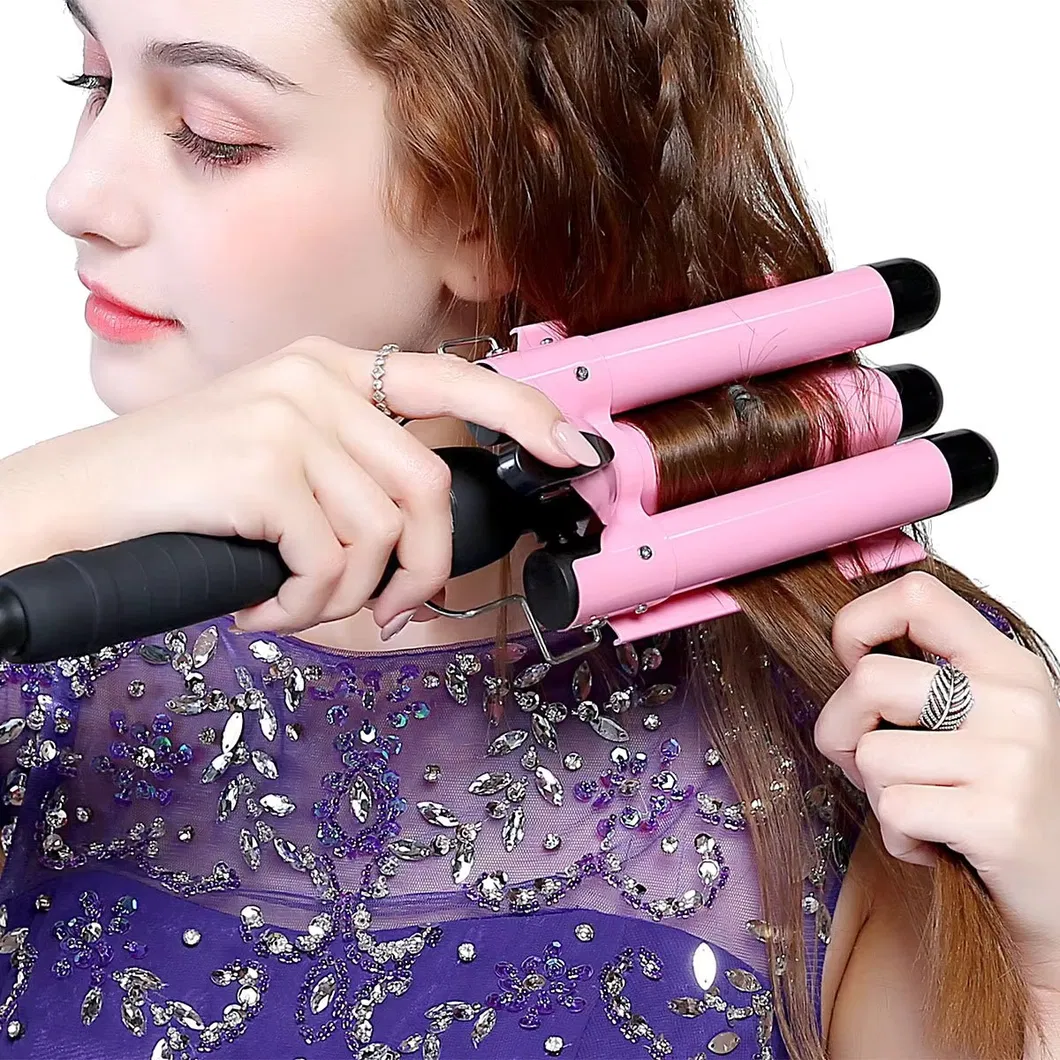 Private Label 3 Barrel Curling Iron Wand Pink Ceramic Tourmaline LCD Temperature Adjustable Hair Curler Hair Waver Iron