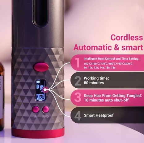 Automatic Cordless Hair Curler Fast Heating 6-Temperature LCD Display Rechargeable Styling Iron 6 Timers for Curl Hair