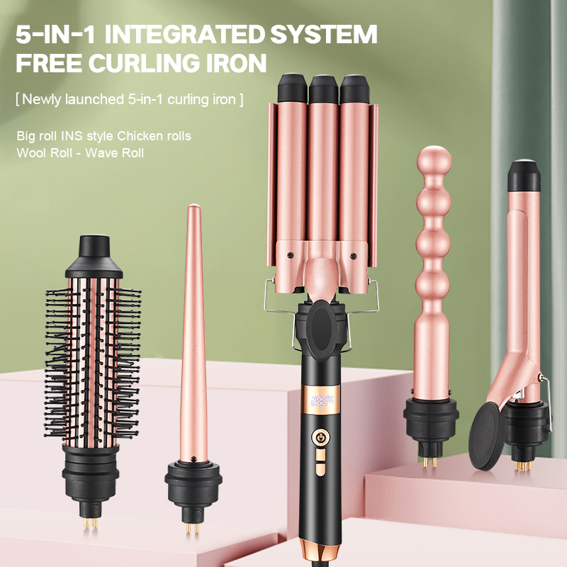 5 in 1 Interchangeable Multifunctional LCD Display Ceramic and Tourmaline Hair Curler with Multiple Functions