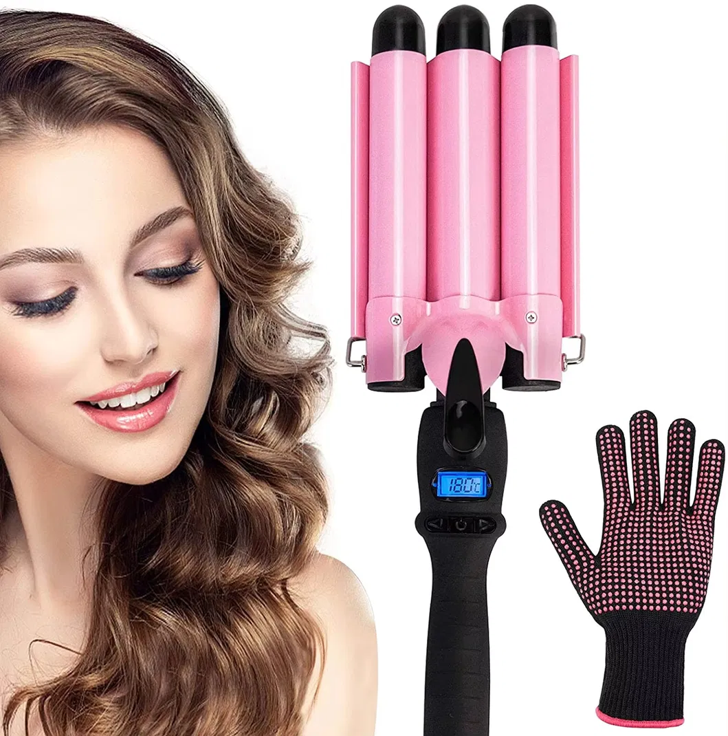 Private Label 3 Barrel Curling Iron Wand Pink Ceramic Tourmaline LCD Temperature Adjustable Hair Curler Hair Waver Iron