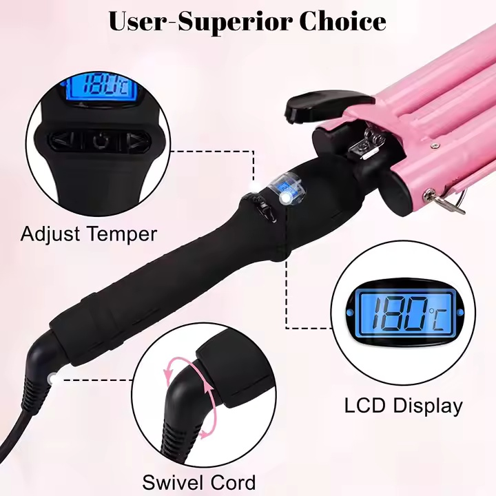 Private Label 3 Barrel Curling Iron Wand Pink Ceramic Tourmaline LCD Temperature Adjustable Hair Curler Hair Waver Iron
