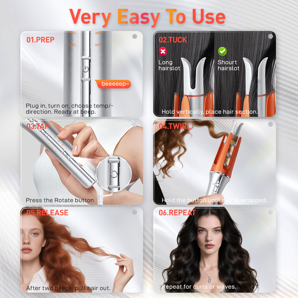 SMET Silver Orange Anti-Burn Technology 30s Fast Heat up 360&deg; Tangle Prevention Hair Curler Smart Auto Rotating Curling Iron