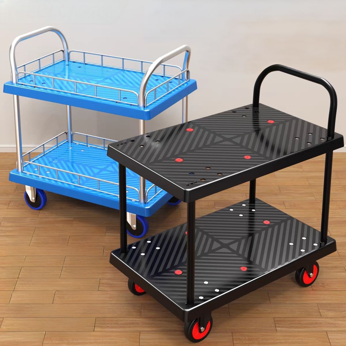 Heavy Duty 100 to 400kg Double-Decker Hand Truck Platform Trolley Four-Wheel Barrow Tool Trolley for Warehouse/ Supermarket