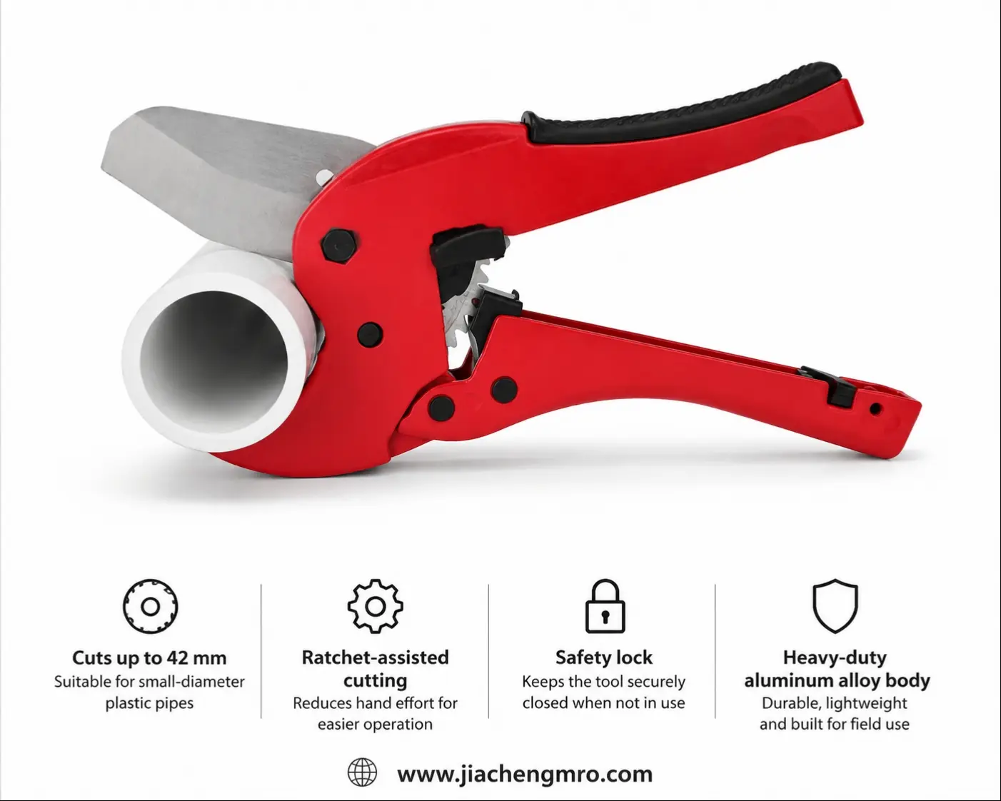 Heavy-duty ratchet pipe cutter for plastic pipe installation
