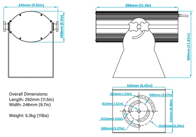Diagrama de dimensiones del proyector LED MXLS04