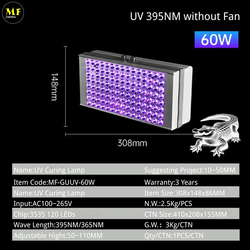 Precio de fábrica 60W 100W 395nm/365nm Certificación CB CE Cámaras de curado UV de aluminio de alta resistencia Luz UV de curado LED Lámpara UV para 3D Pintura Impresión Uñas Automotriz