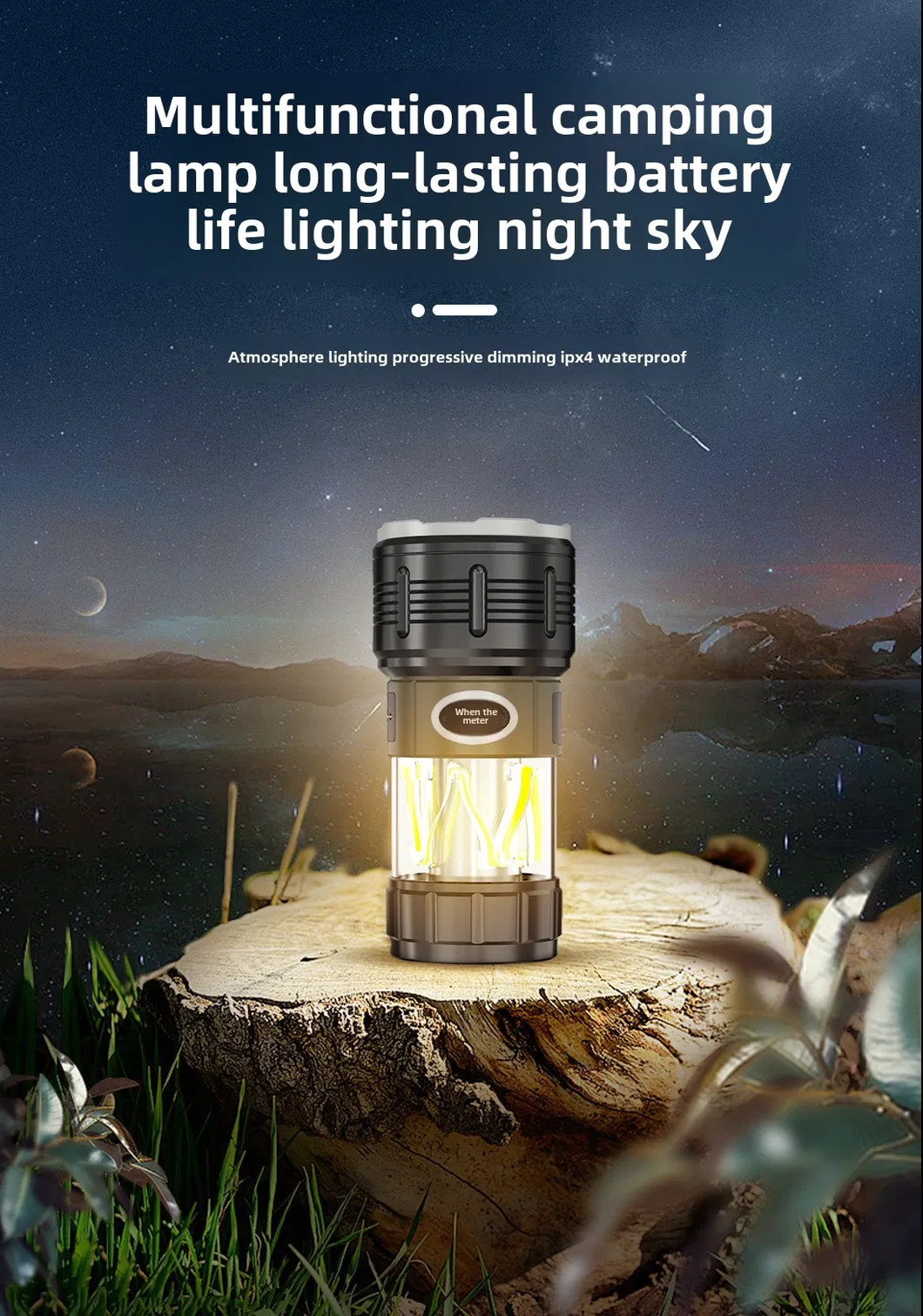 Linterna de camping multifuncional recargable de alta potencia con triple LED, luz de antorcha y farol