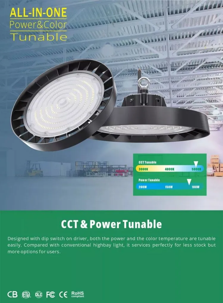 Precio de fábrica al por mayor Iluminación comercial e industrial Luz de dosel 100W 150W 200W Luz LED inteligente de alta bahía tipo UFO