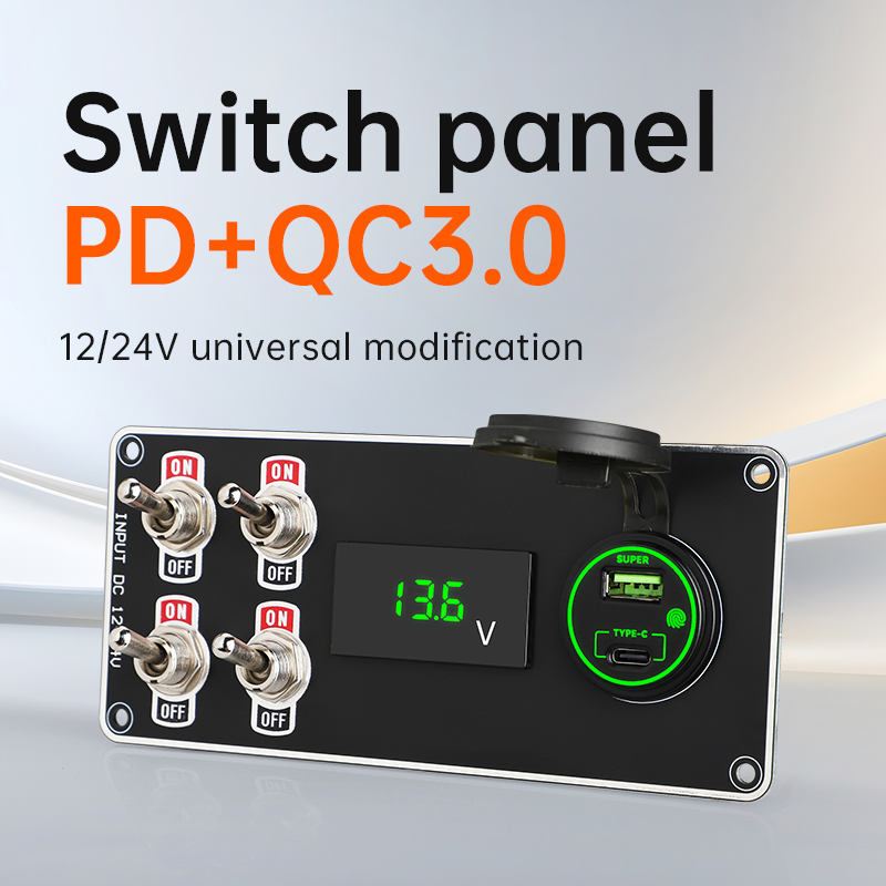 Sistema de Control de Interruptores de Banda Industrial 4 con Puertos de Carga USB Tipo C y USB A, Medidor de Voltaje LED para Coche, Barco, RV, Marino, Panel de Interruptores Marino Personalizado
