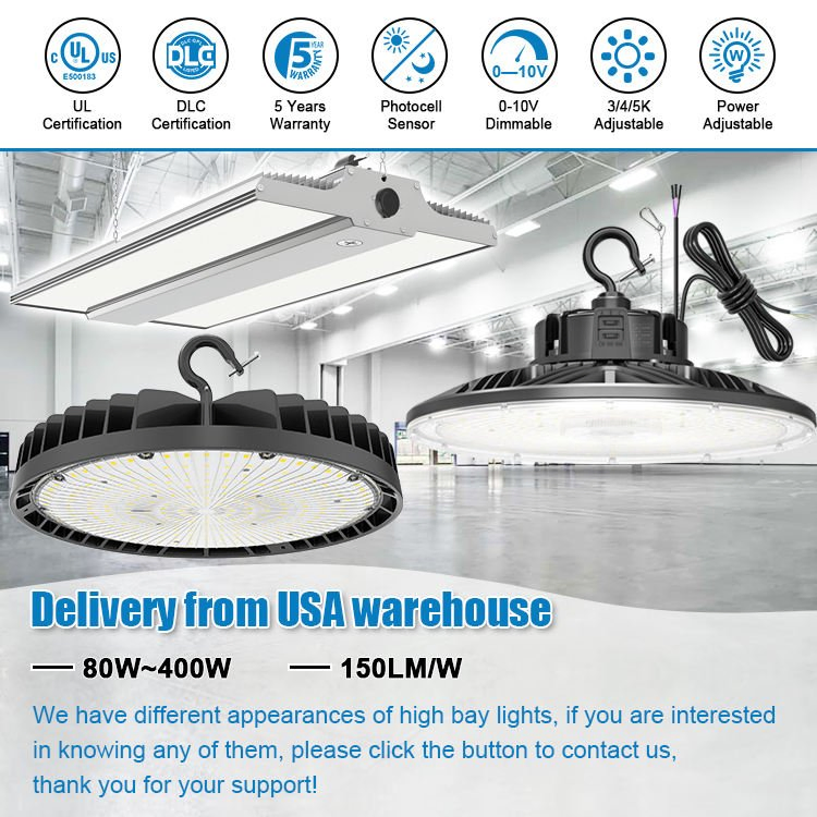 Iluminación de Talleres de Fijos Industriales de EE. UU. IP65 Luces LED de Alta Bahía Dob Round UFO para Almacenes