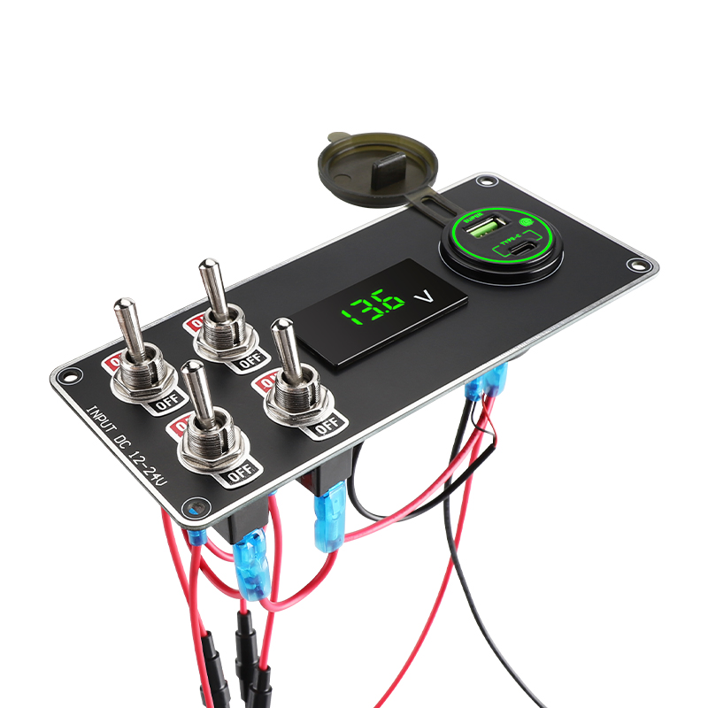 Sistema de Control de Interruptores de Banda Industrial 4 con Puertos de Carga USB Tipo C y USB A, Medidor de Voltaje LED para Coche, Barco, RV, Marino, Panel de Interruptores Marino Personalizado