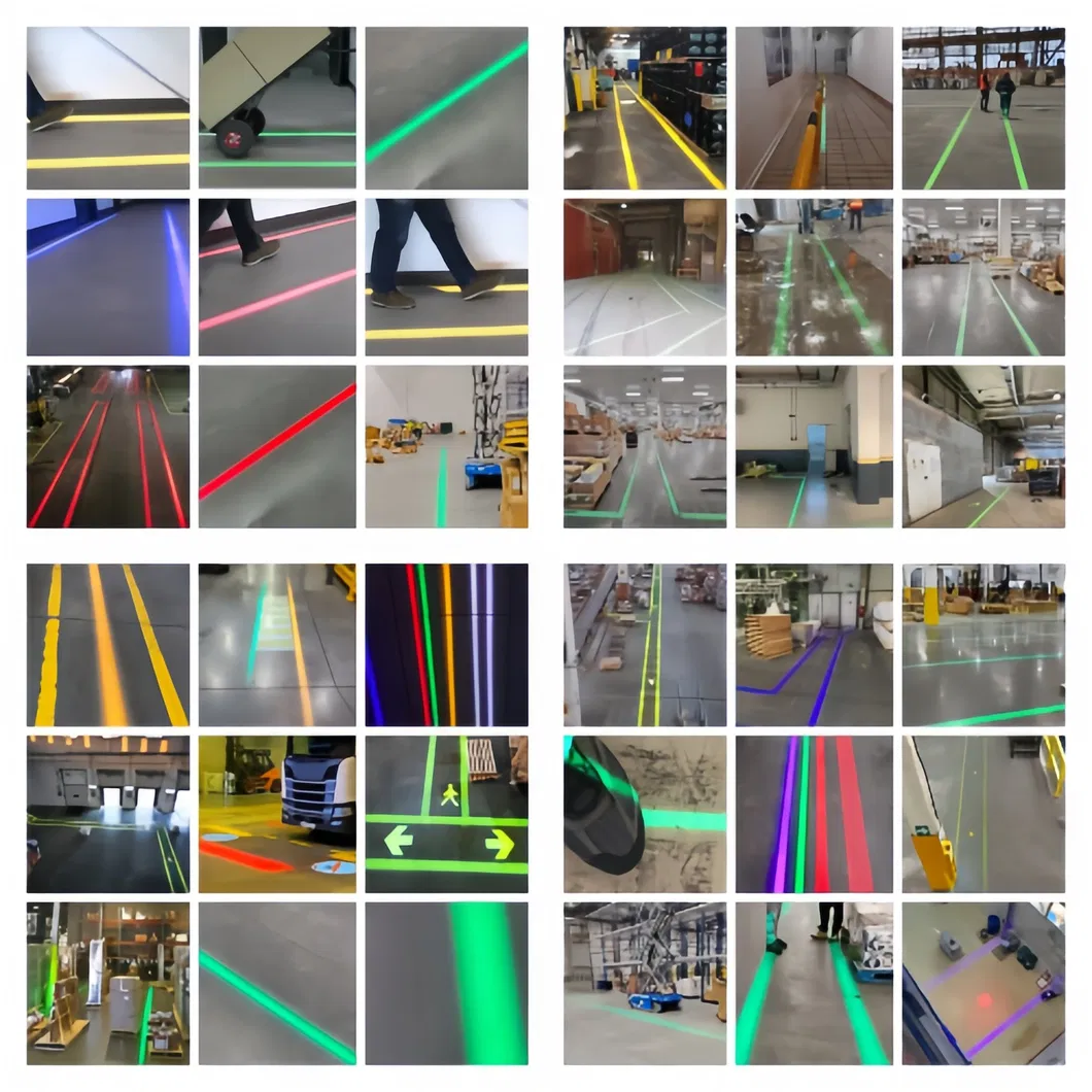Línea virtual de seguridad visible en suelo industrial