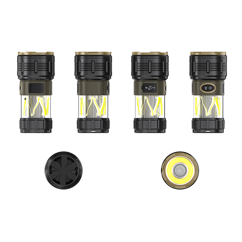 Linterna de camping multifuncional recargable de alta potencia con triple LED, luz de antorcha y farol
