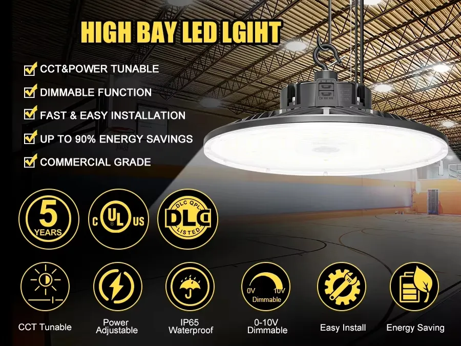 Iluminación de Talleres de Fijos Industriales de EE. UU. IP65 Luces LED de Alta Bahía Dob Round UFO para Almacenes