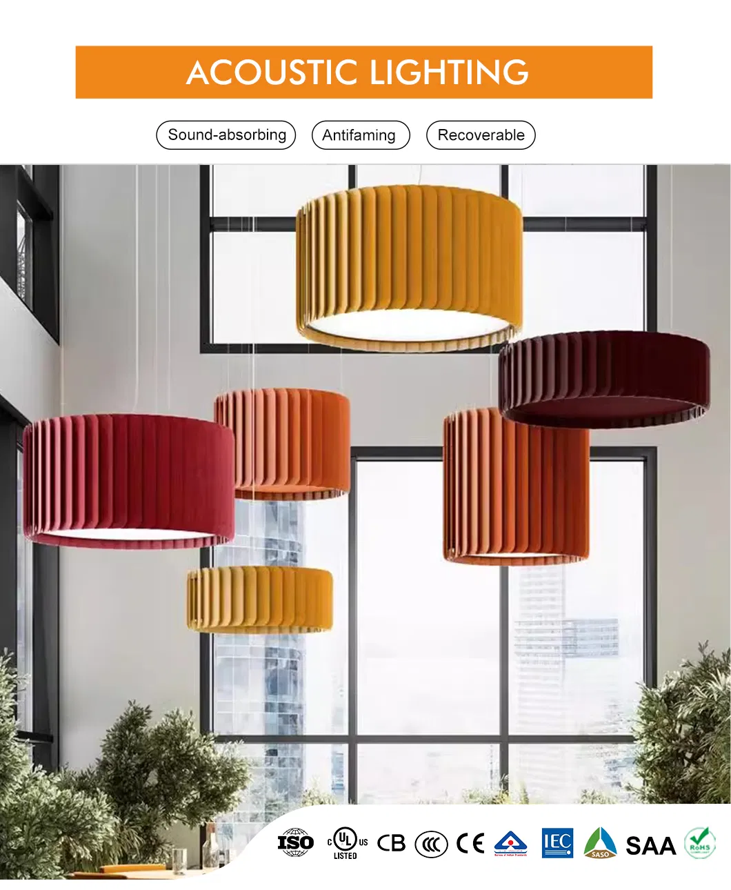 Lámpara de araña LED de estilo industrial con absorción de sonido para iluminación de cafeterías y restaurantes