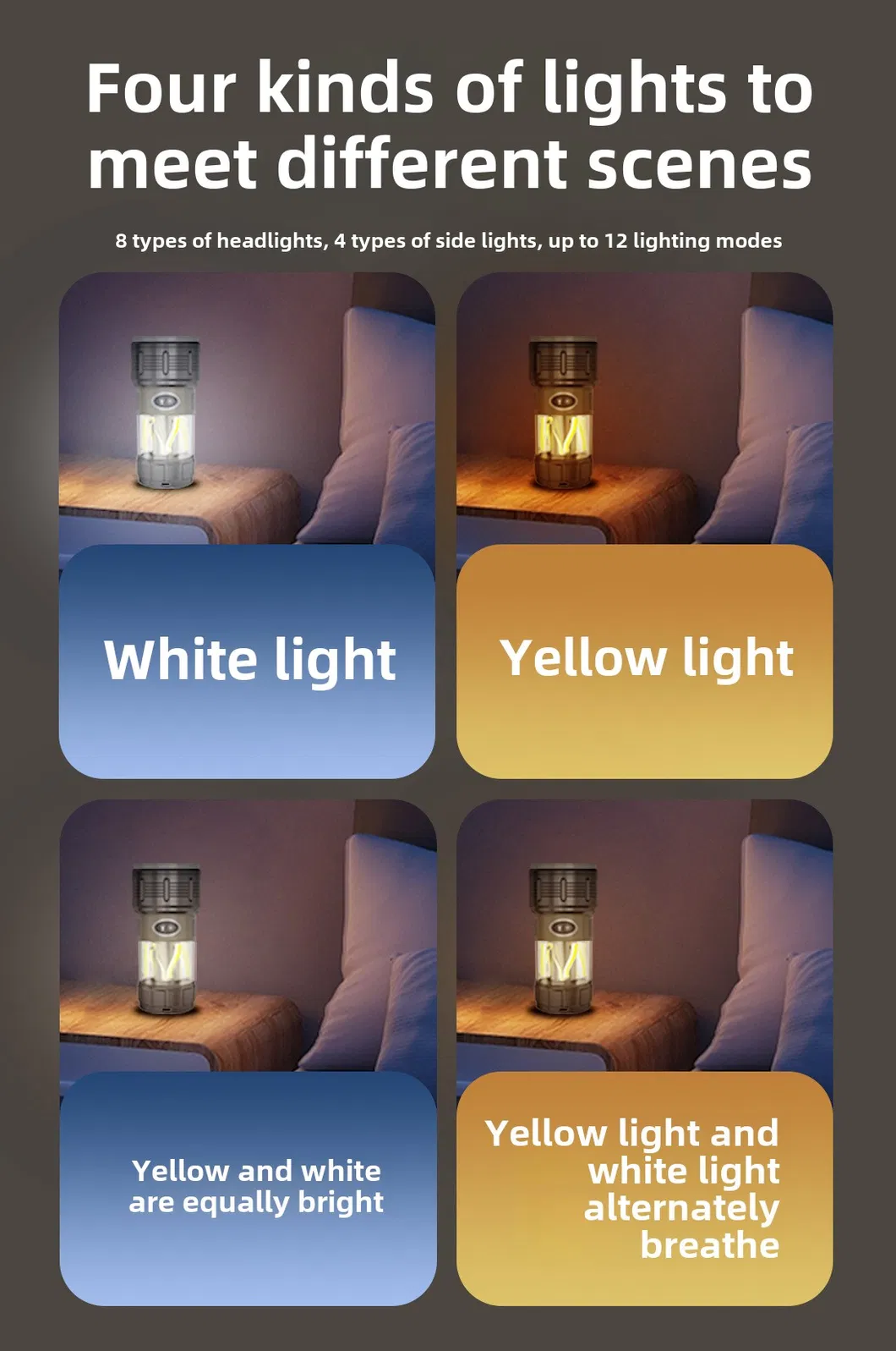 Linterna de camping multifuncional recargable de alta potencia con triple LED, luz de antorcha y farol