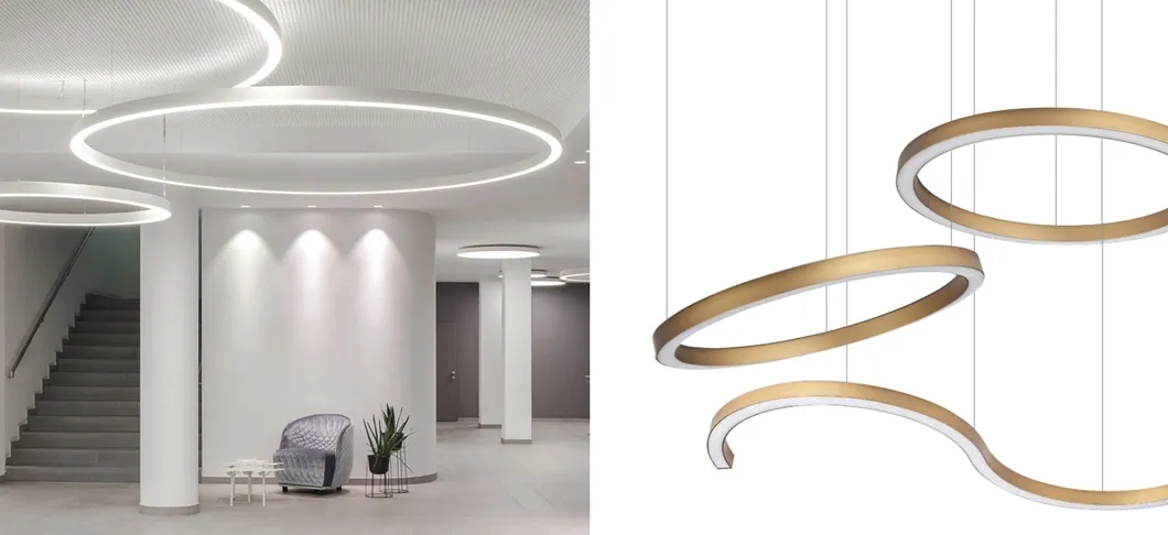 Personalización de fábrica lámparas dobladas curvas grandes redondas cuadradas perfil de aluminio luz LED lineal con colgante montado en superficie iluminación combinada regulable