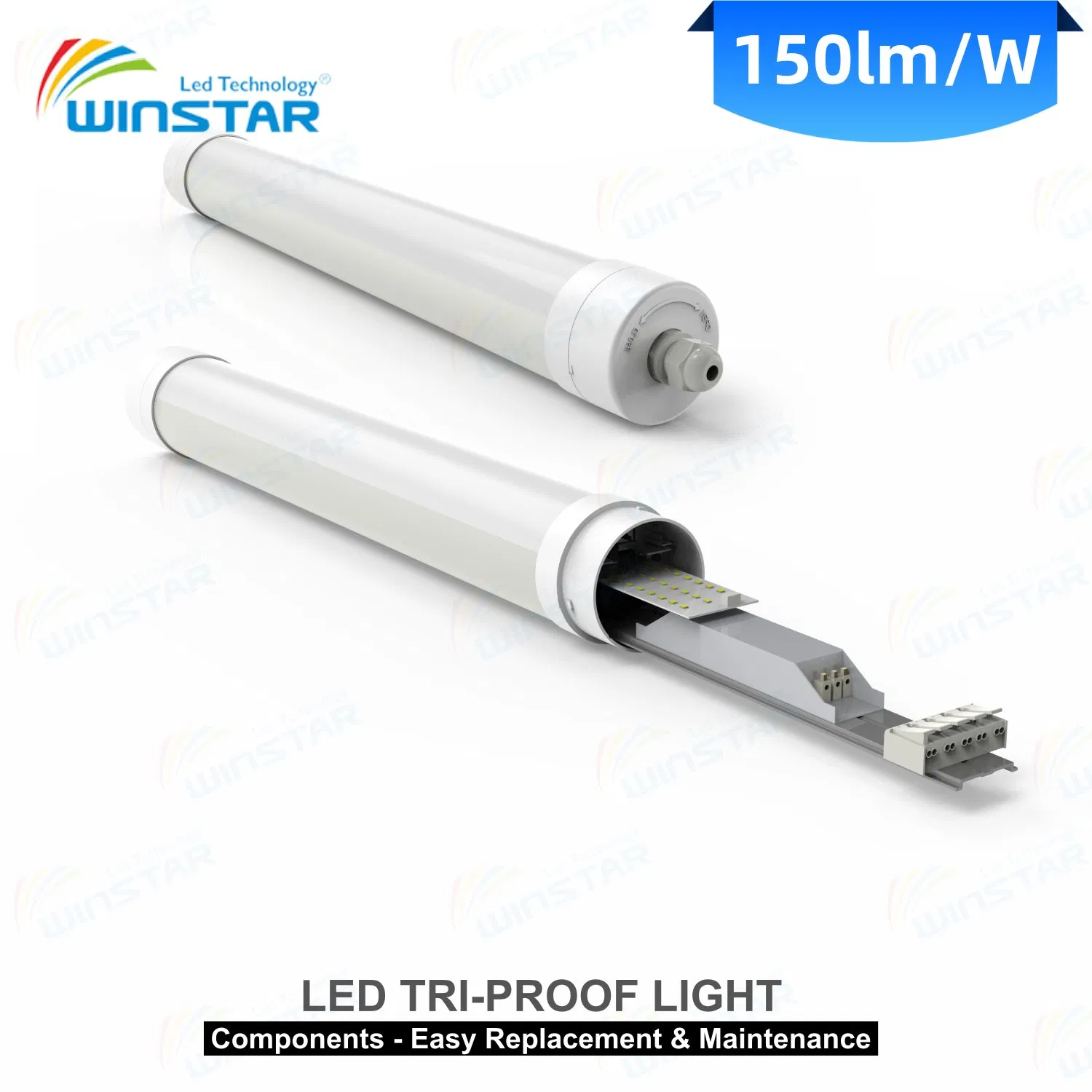 Luz LED Tri-Proof Winstar con protección contra sobretensiones y sin parpadeo para taller de máquinas, línea de ensamblaje, entorno industrial de alta resistencia 150lm/W
