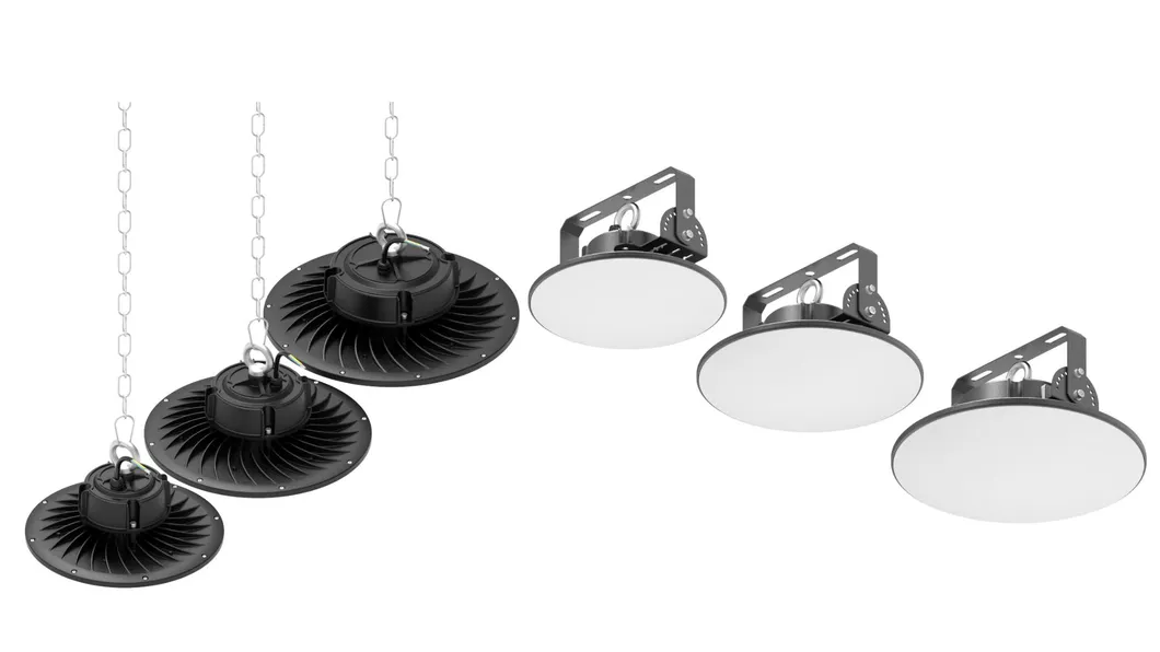 Fábrica Industrial 100W-240W Luz de Alta Bahía LED UFO con Kit de Emergencia Control Inteligente para Almacén Planta Estacionamiento Subterráneo Estadio Iluminación Interior