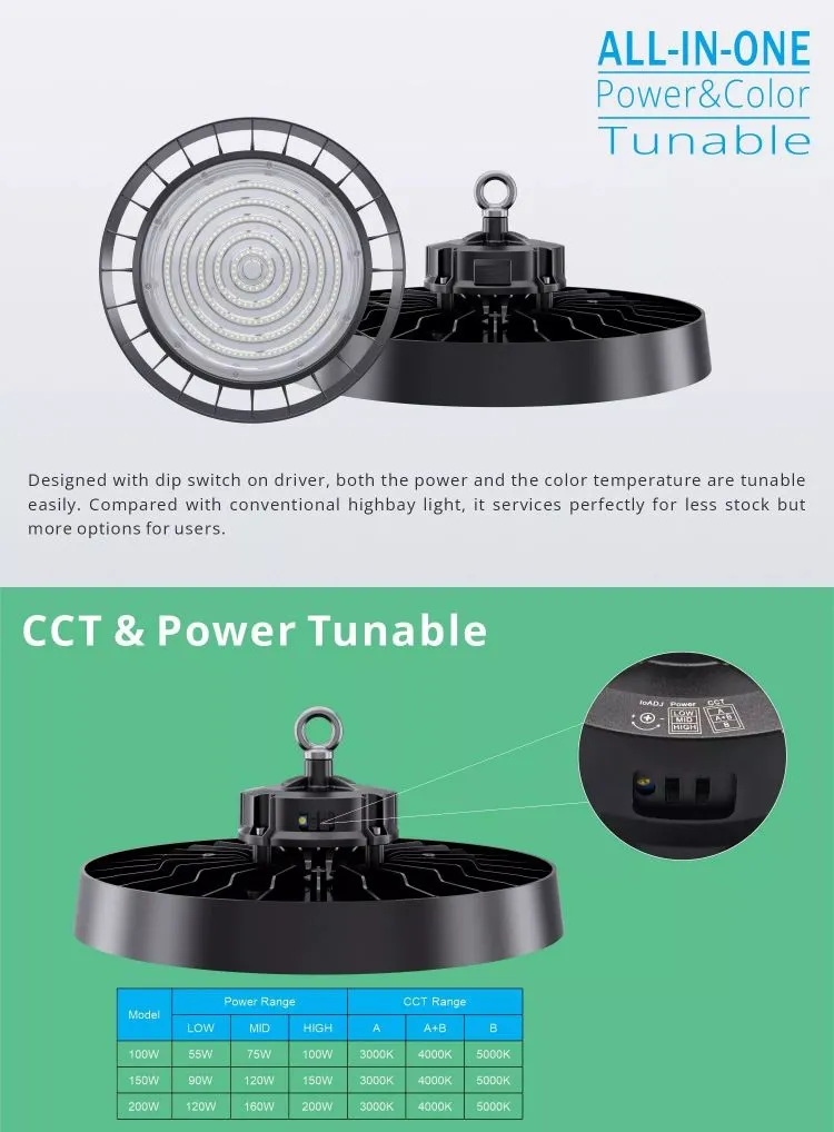 Precio de fábrica al por mayor Iluminación comercial e industrial Luz de dosel 100W 150W 200W Luz LED inteligente de alta bahía tipo UFO