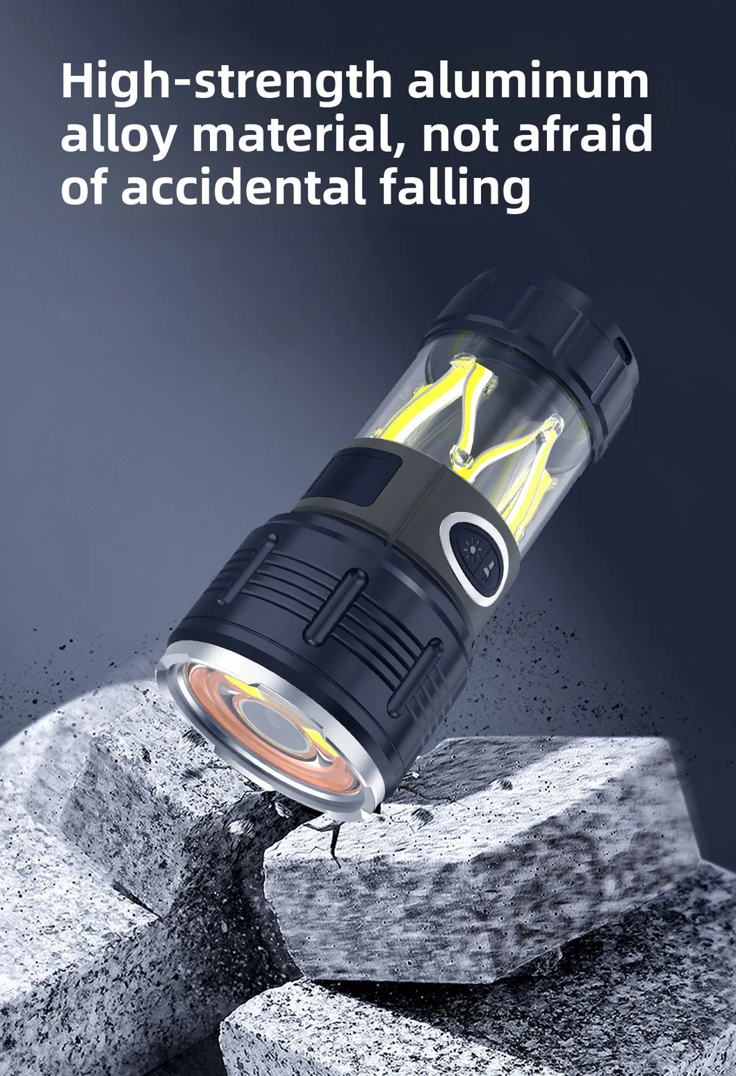 Linterna de camping multifuncional recargable de alta potencia con triple LED, luz de antorcha y farol