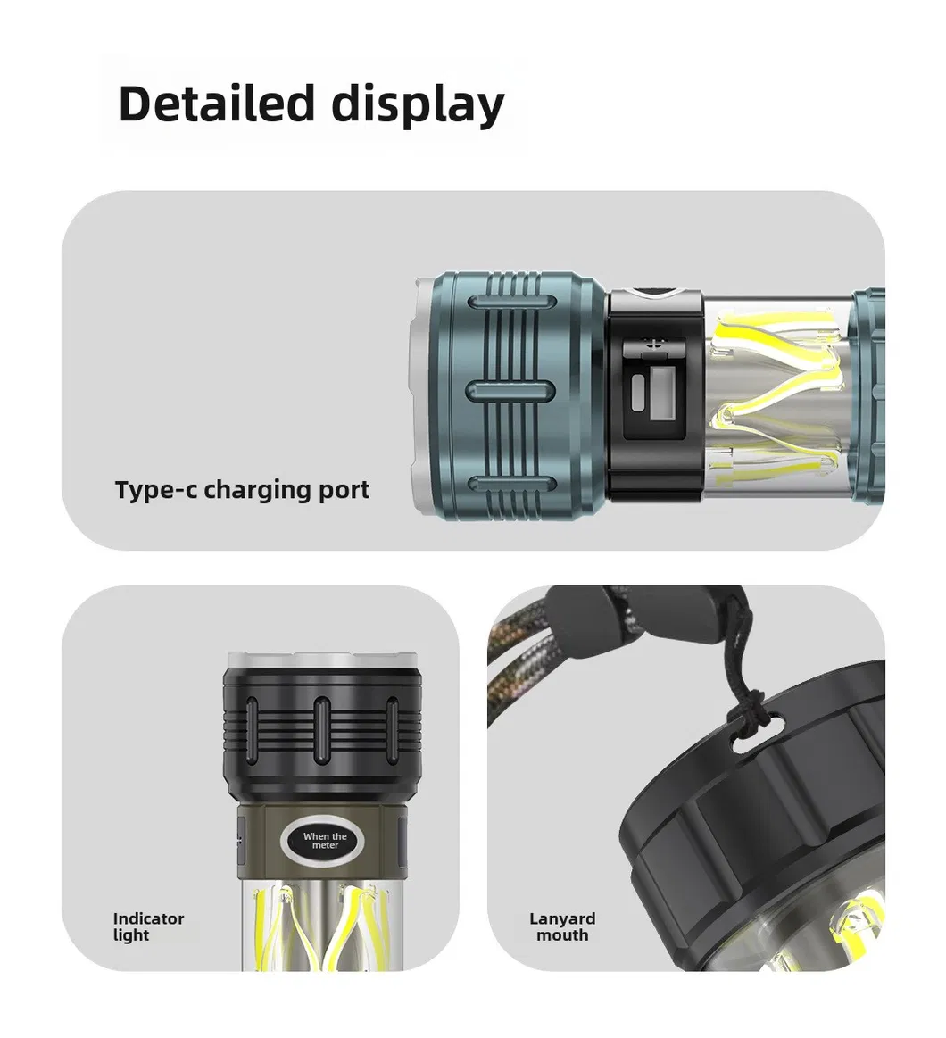 Linterna de camping multifuncional recargable de alta potencia con triple LED, luz de antorcha y farol