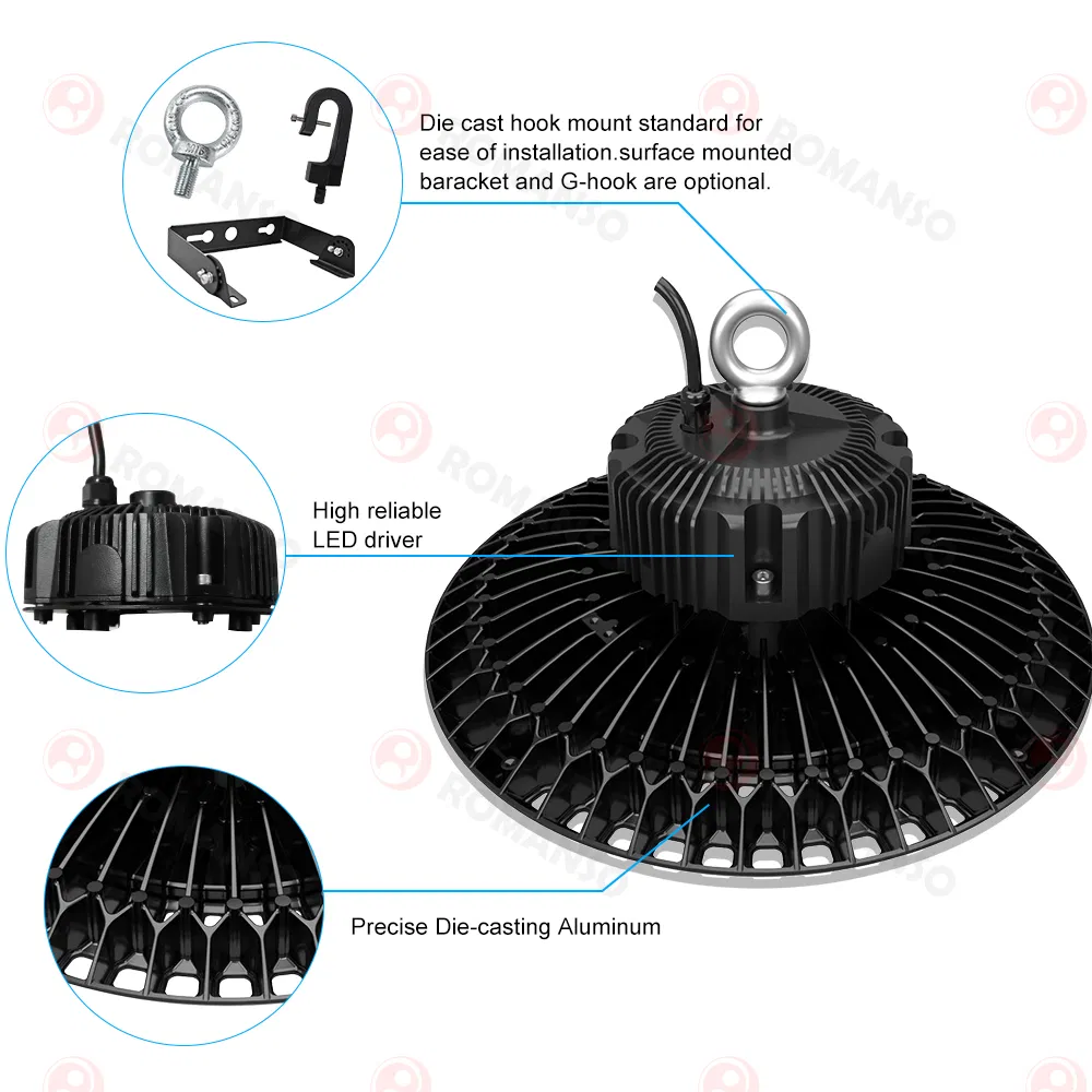 Instalación de luz LED tipo UFO colgante IP65 a prueba de agua para almacenes, instalaciones de fabricación, iluminación comercial de alta bahía LED