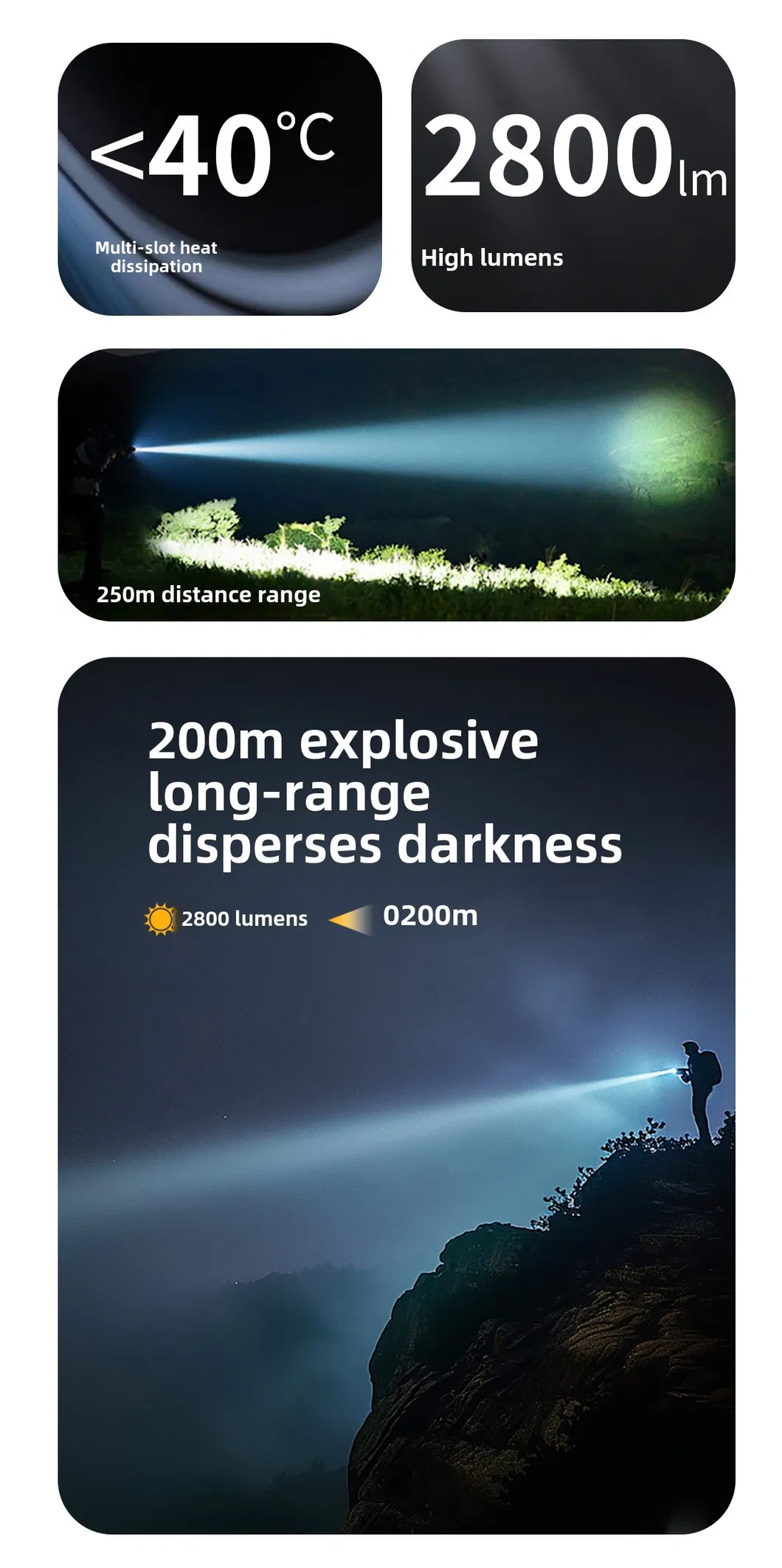 Linterna de camping multifuncional recargable de alta potencia con triple LED, luz de antorcha y farol