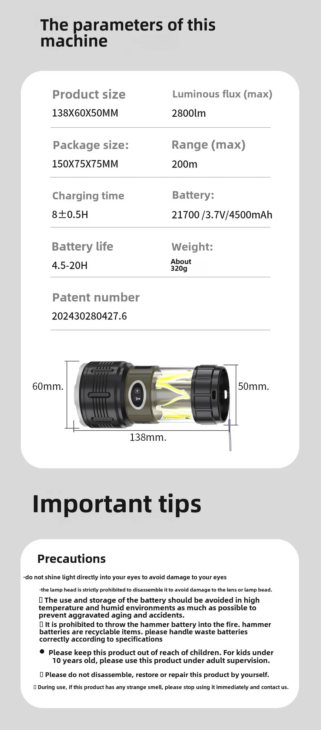 Linterna de camping multifuncional recargable de alta potencia con triple LED, luz de antorcha y farol