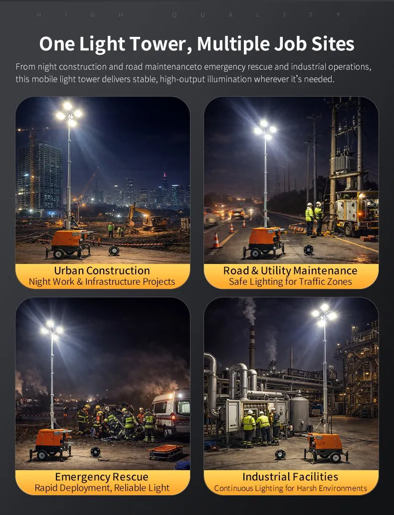 Torre de luz LED portátil para iluminación temporal en sitios de construcción al aire libre y áreas industriales