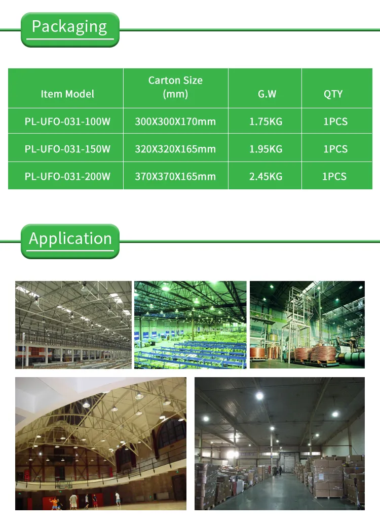 Precio de fábrica al por mayor Iluminación comercial e industrial Luz de dosel 100W 150W 200W Luz LED inteligente de alta bahía tipo UFO