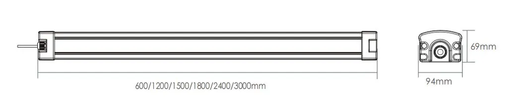 Dimensión Luz Triproof, 94mm Ancho, 69mm Altura