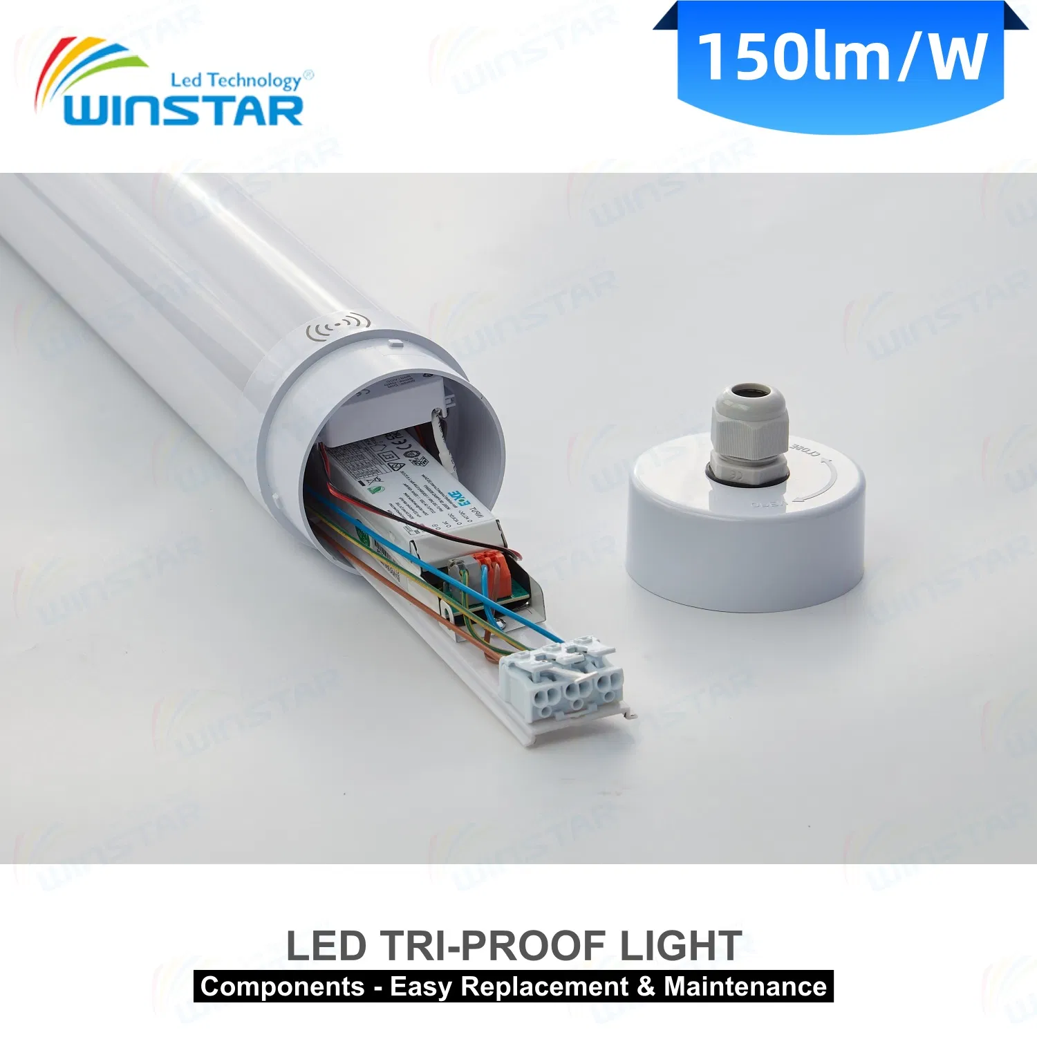 Luz LED Tri-Proof Winstar con protección contra sobretensiones y sin parpadeo para taller de máquinas, línea de ensamblaje, entorno industrial de alta resistencia 150lm/W
