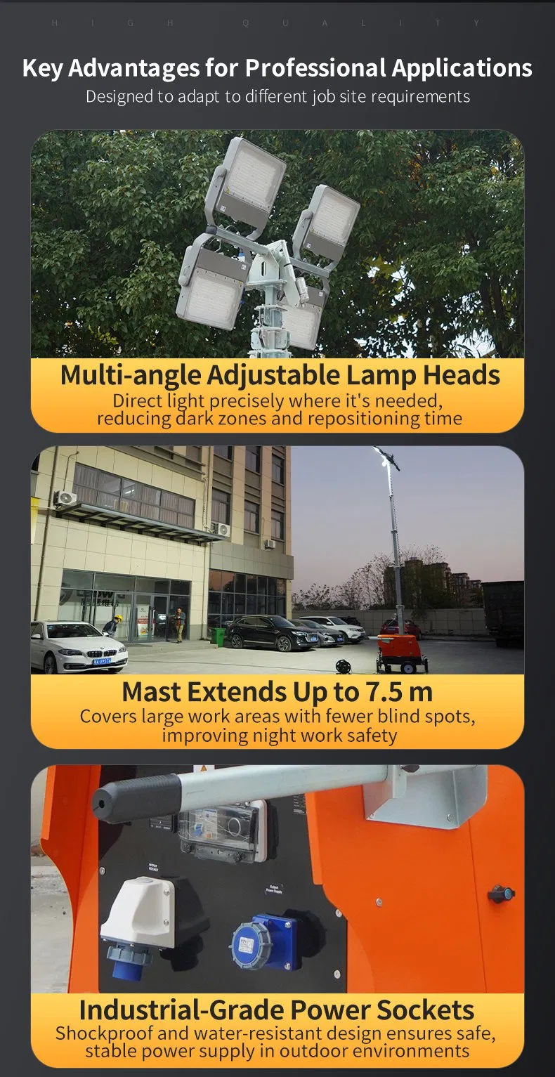 Torre de luz LED portátil para iluminación temporal en sitios de construcción al aire libre y áreas industriales