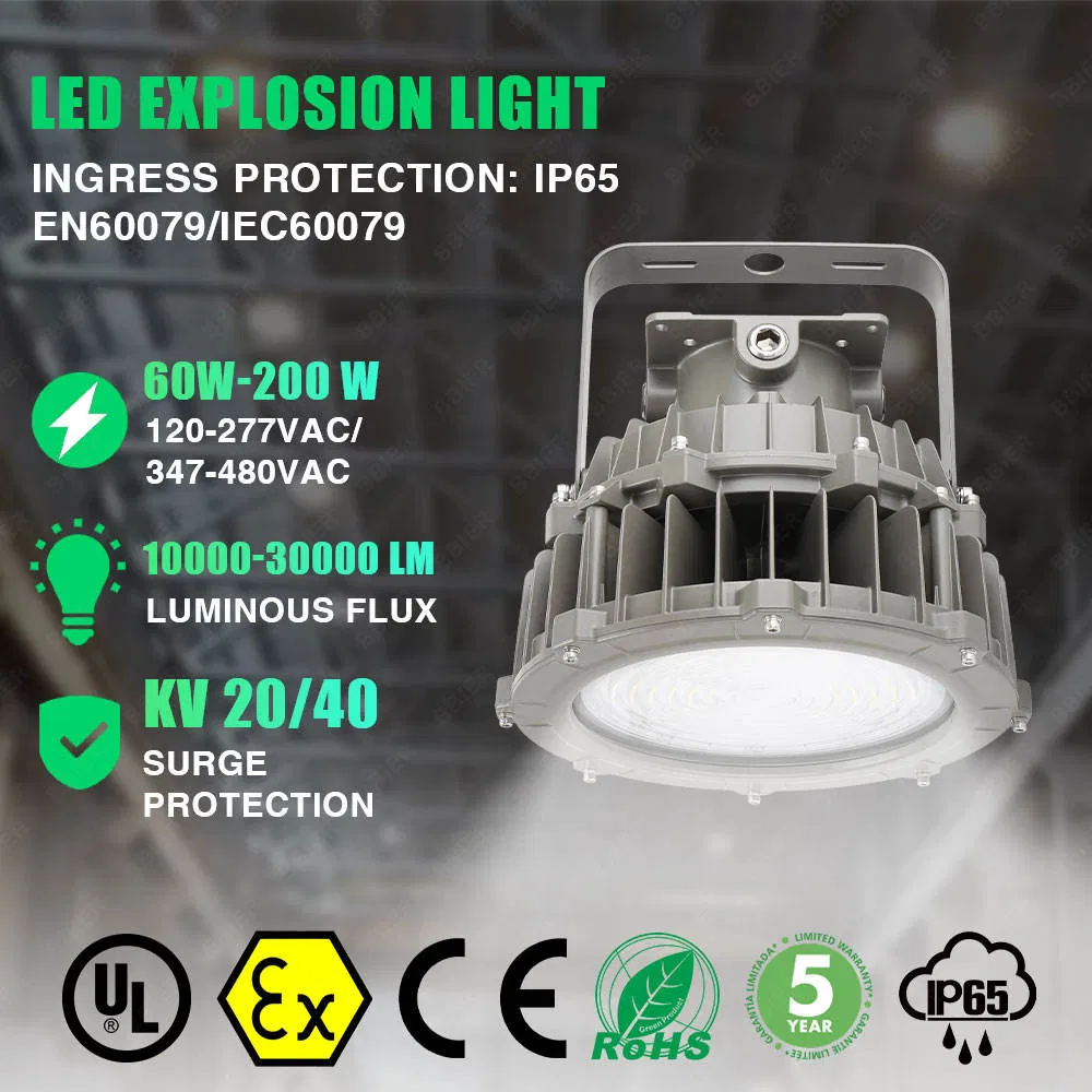 Iluminación a Prueba de Explosiones Industrial 90W-200W IP65 Luz de Alta Bahía Dob LED a Prueba de Explosiones y Resistente al Agua para Plantas Petroquímicas