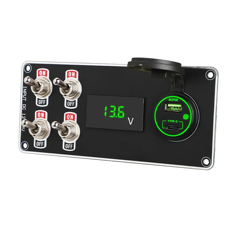 Sistema de Control de Interruptores de Banda Industrial 4 con Puertos de Carga USB Tipo C y USB A, Medidor de Voltaje LED para Coche, Barco, RV, Marino, Panel de Interruptores Marino Personalizado
