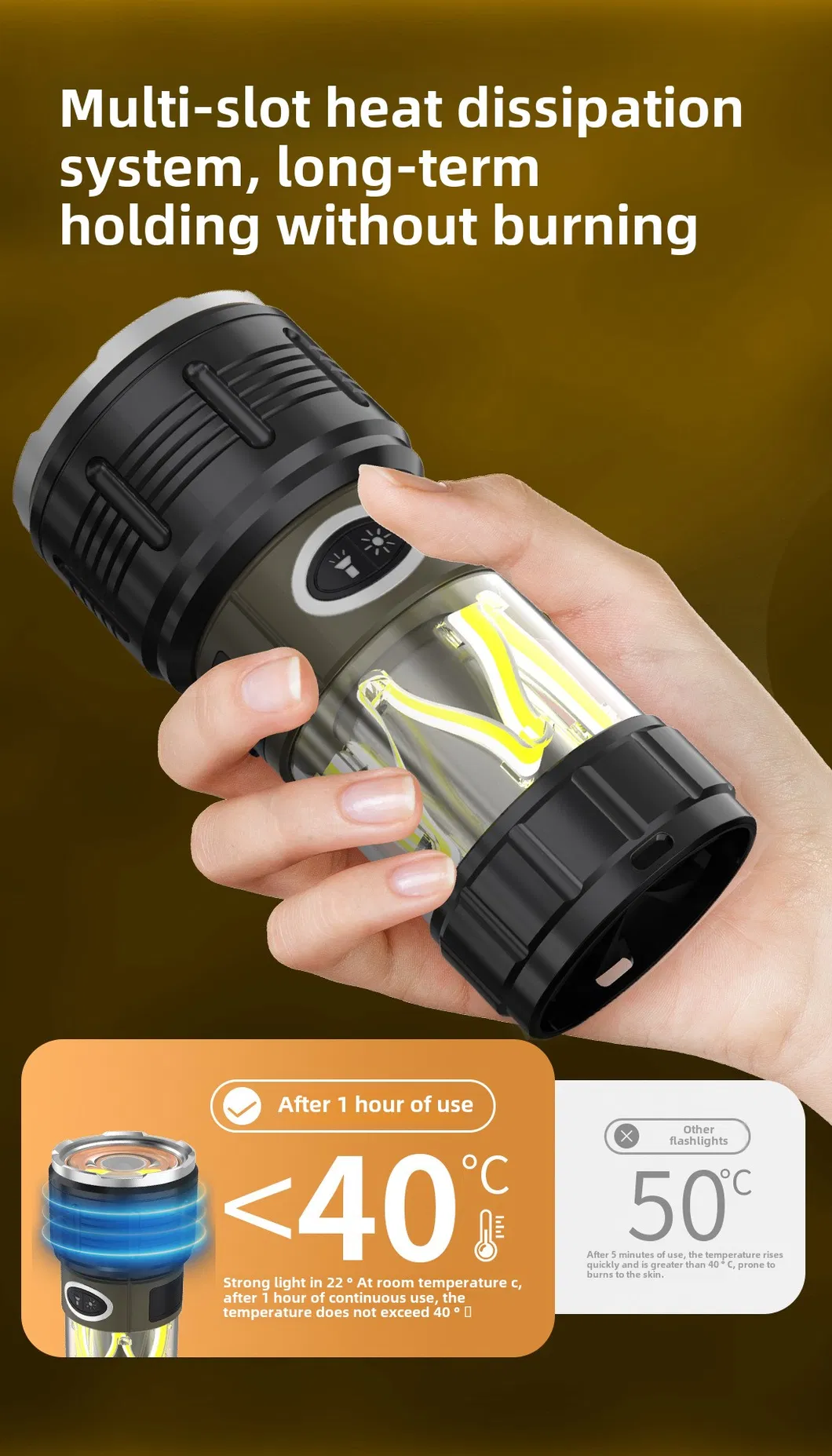 Linterna de camping multifuncional recargable de alta potencia con triple LED, luz de antorcha y farol