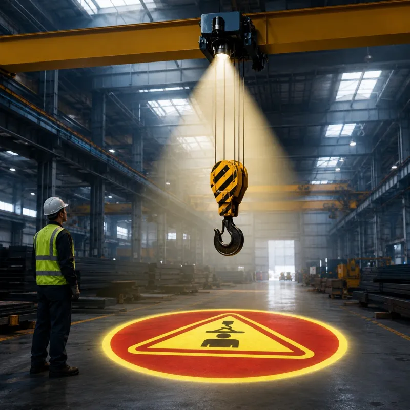Imagen de señal de advertencia de seguridad virtual para suelos industriales, proyector LED Gobo de larga distancia para grúas de puente