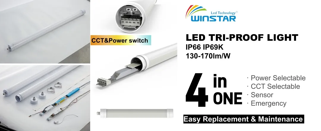 Luz LED Tri-Proof con protección contra sobretensiones y sin parpadeo para taller de máquinas, línea de ensamblaje, entorno industrial de alta resistencia 150lm/W