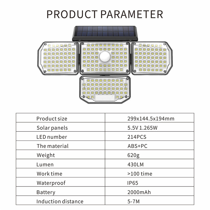 China 214 LED 4 Head Solar Sensor Wall Light For Outdoor Garden Manufacturer, Factories