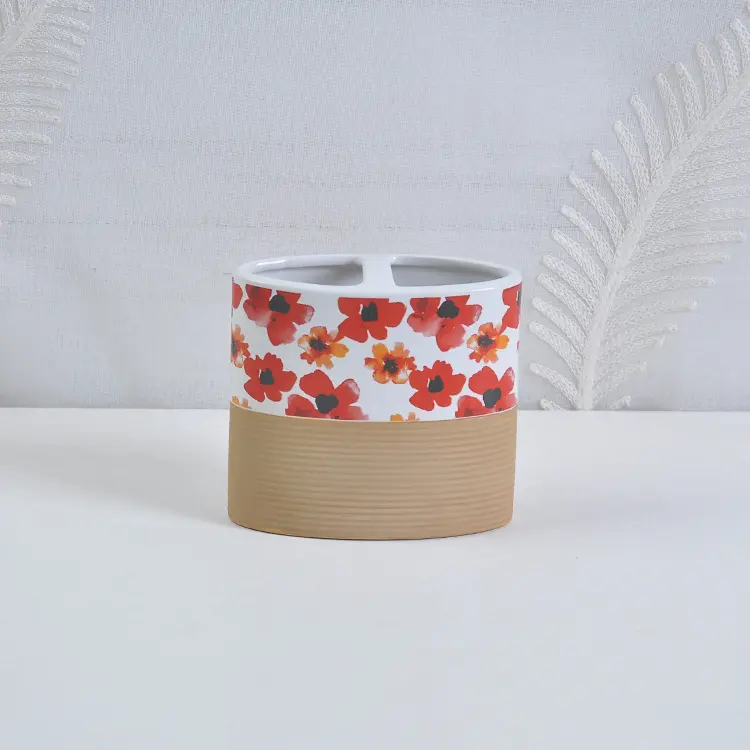 Wholesale Vintage Red Floral & Beige Ribbed Ceramic Bathroom Accessory Set Factory, Exporters